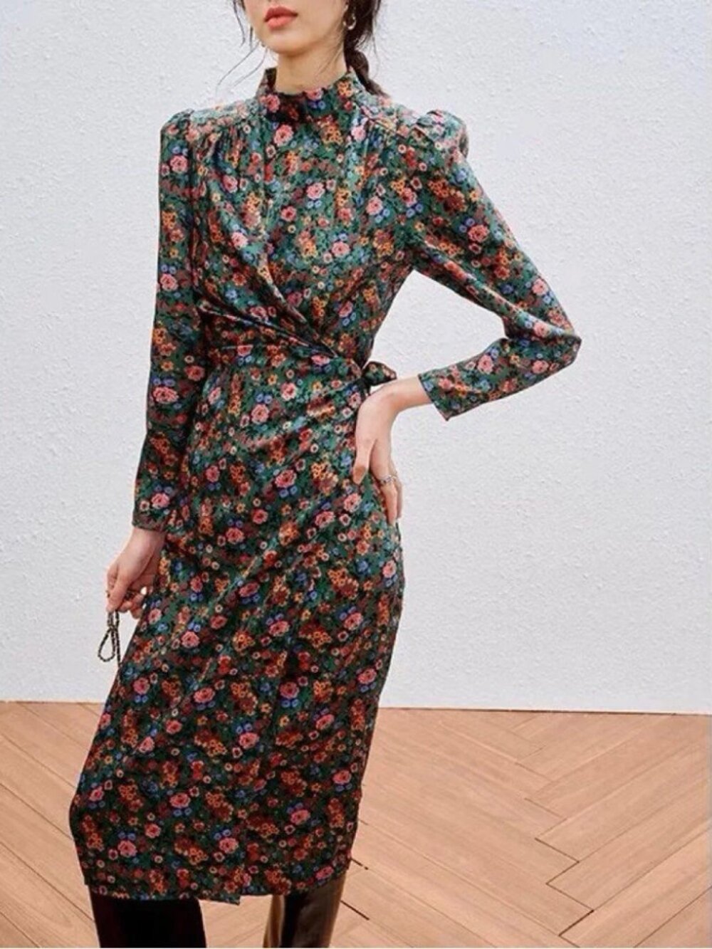 SANDRO Lueur Dress STUNNING Autumn Floral Midi High Neck Wrap waist Puff sleeve